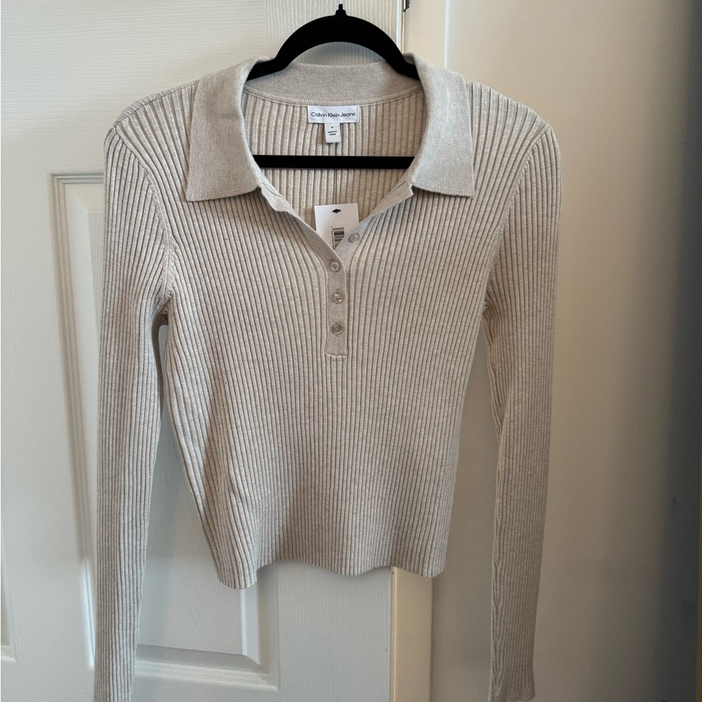 Calvin Klein Jeans Beige Ribbed Collared Top